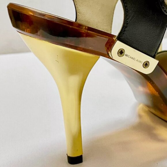 NEW MICHAEL KORS LANI SANDALS BLACK LEATHER 4" HEELS GOLD TORTOISE SHELL PUMPS 7 - Picture 12 of 13